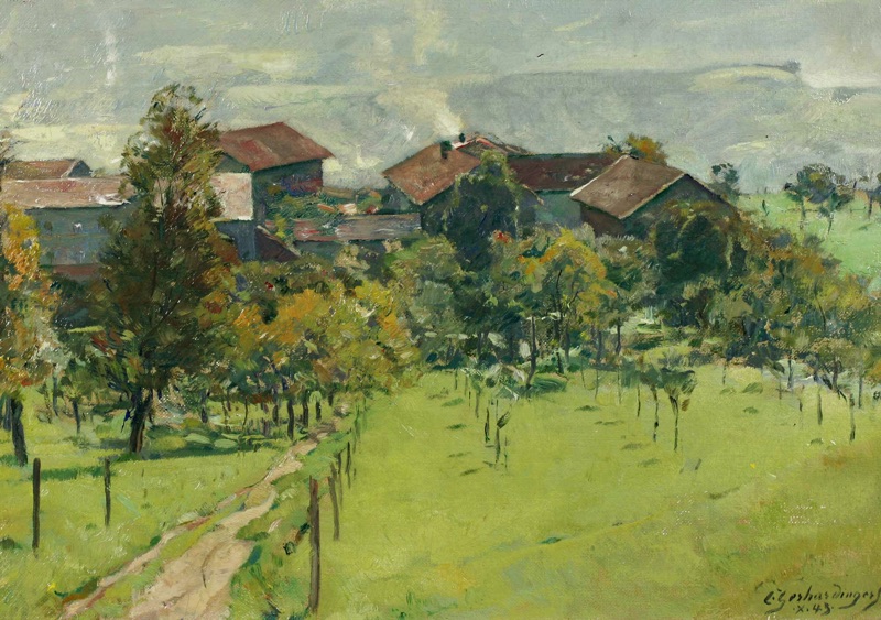 Constantin Gerhardinger Ölgemälde antik 1943 Dorf plus Druck 